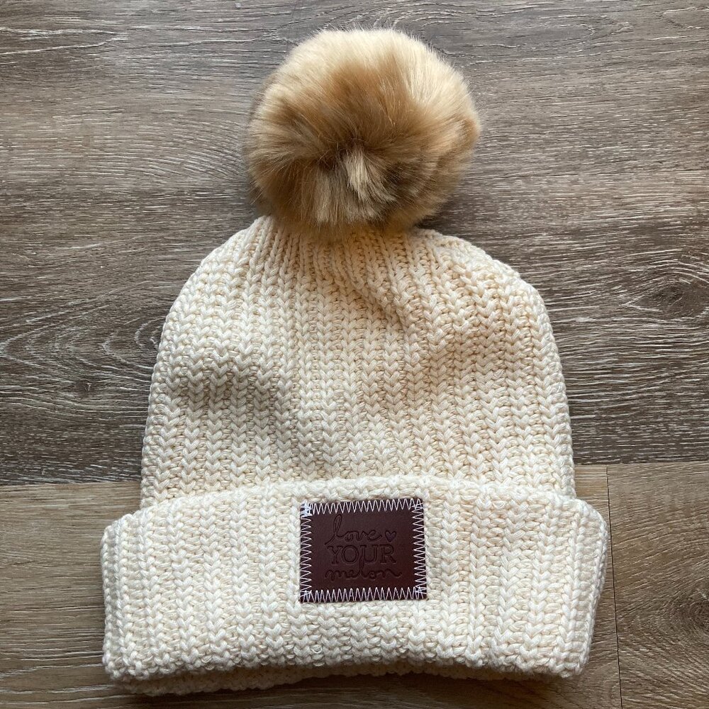 LYM Cream Knit Beanie with Pompom